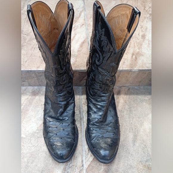 Lucchese Full Quill Ostrich Black Leather Cowboy Boots